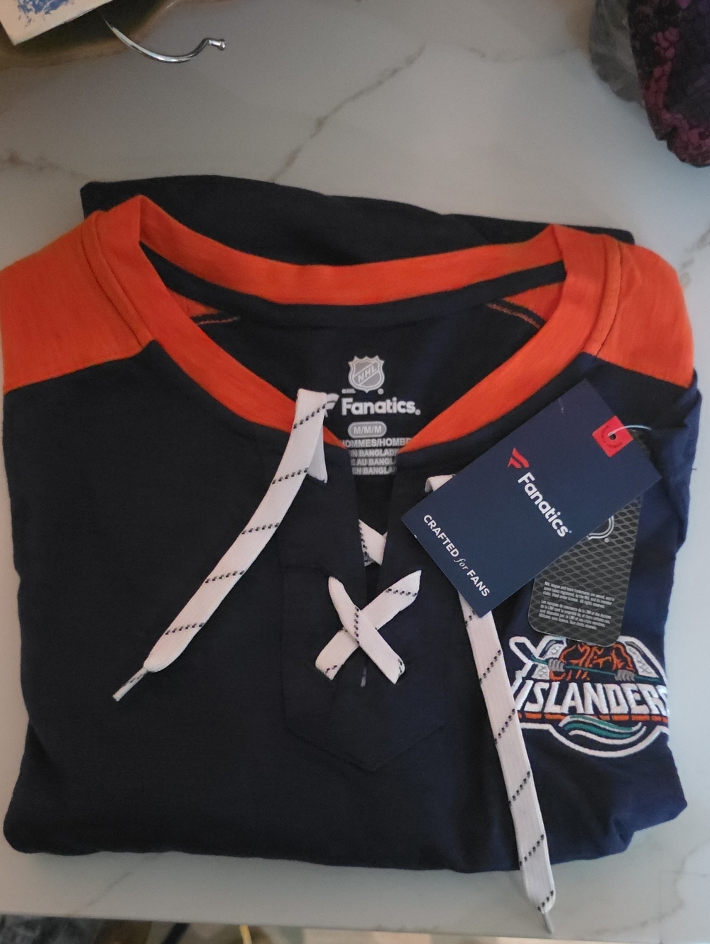Fanatics Navy and Orange  Lace-Up Hockey Sweatshirt ISLANDER